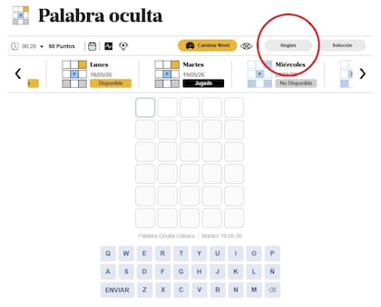 El botón "Reglas" está presente en la mayoría de los pasatiempos, en la parte superior derecha