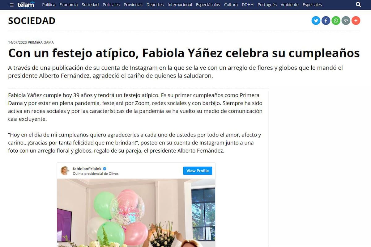 El cable de la agencia Télam sobre el cumpleaños de Fabiola Yañez.