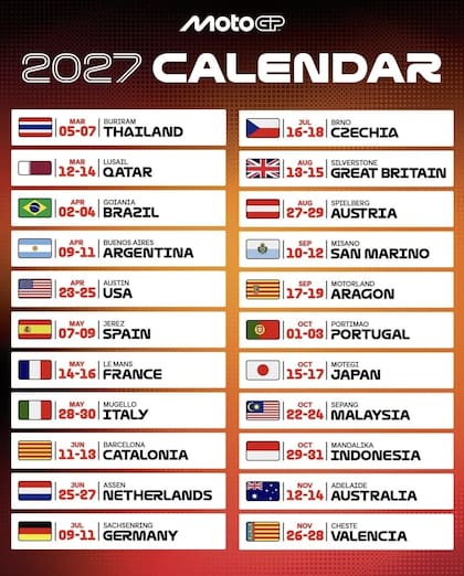 El calendario de 2027 para el Moto GP