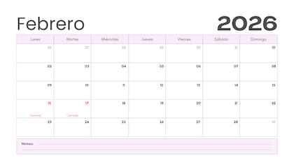 El calendario de febrero 2026 cuenta con el Día de los Presidentes y el Carnaval, que caen 16 y 17 respectivamente (Archivo)