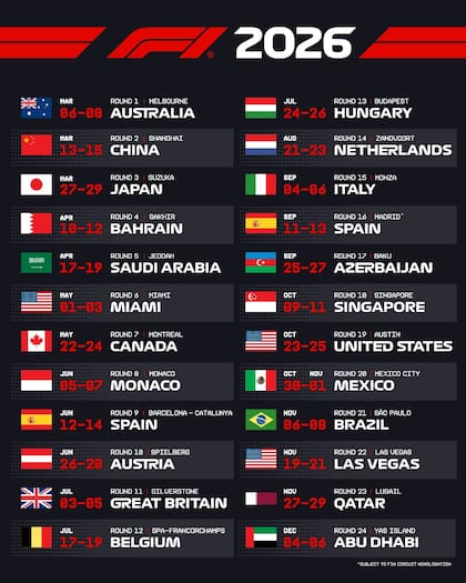 El calendario de la 2026 estará compuesto por 24 fechas, como el del año que se va; el argentino Franco Colapinto será titular en Alpine desde la primera cita, la del 6 al 8 de marzo en Australia.