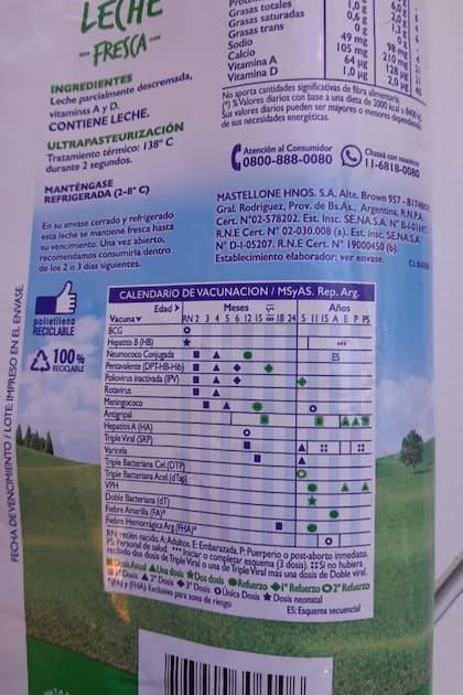 El calendario de vacunación que figura en los sachet de leche