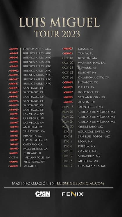 El calendario del Luis Miguel Tour 2023
