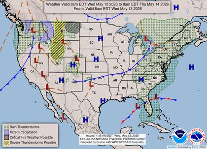 El calentamiento diurno y el avance frontal generan un riesgo marginal de tormentas en Nueva York, Pensilvania y Virginia Occidental para la tarde de hoy