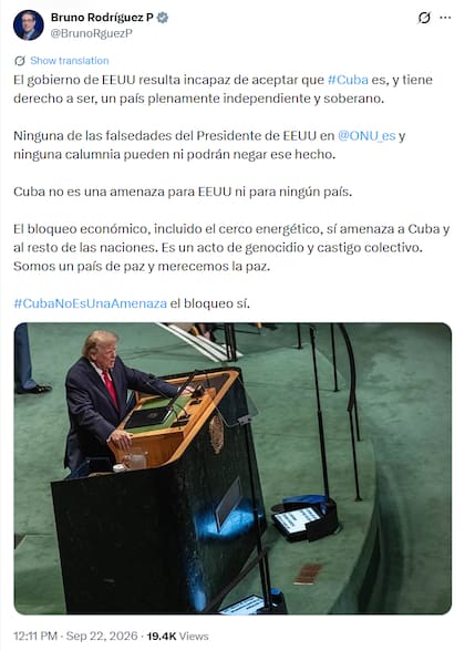 El canciller del régimen cubano, Bruno Rodríguez, aseguró que Cuba no es una amenaza de EE.UU.