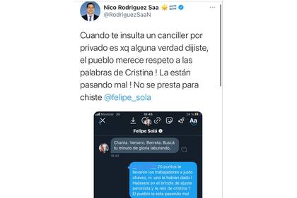 El canciller Felipe Solá cruzó a un diputado kirchnerista que pidió su renuncia: "Chanta, versero y berreta"