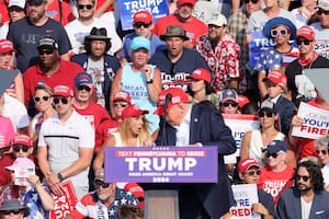 El candidato presidencial republicano Donald Trump al recibir el disparo del tirador en su oreja derecha. Atrás a su derecha se ve a una mujer de gorra negra y anteojos de sol que se queda quieta frente al hecho (REUTERS/Brendan McDermid)