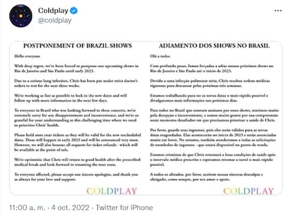 El cantante británico Chris Martin presenta “una afección pulmonar grave” (Foto: Twitter @coldplay)
