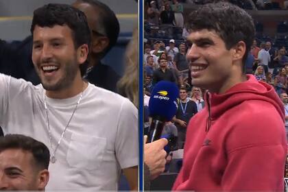 El cantante colombiano Sebastián Yatra sonríe desde las gradas, mientras su amigo Carlos Alcaraz canta "Vagabundo", después de ganar su partido en el US Open