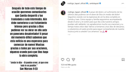 El cantante confirmó que Camila despertó y fue trasladada a una sala intermedia (Captura: Instagram @rodrigo_tapari_oficial)