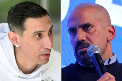 El capitán de Rosario Central, Ángel Di María, junto al presidente de Estudiantes de La Plata, Juan Sebastián Verón