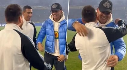 El cariñoso abrazo de Rojo y Messi, durante el partido homenaje a Riquelme en la Bombonera