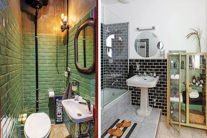 El cartel de calle del toilette es del Mercado de San Telmo y el espejo del Mercado de las Pulgas. Azulejos (Deco Arribeños). En el baño, vitrina (Muebles Cornador). El lavarropas, antes en el toilette, pasó a la cocina.