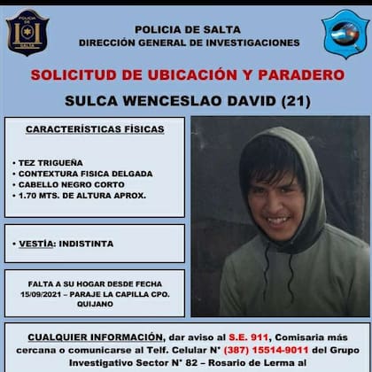 El cartel que elaboró la Justicia salteña para dar con el paradero de David Sulca.