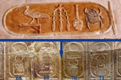 El cartucho de la parte superior de esta imagen tiene el nombre de Hatshepsut y es el que debería estar entre los de Tutmosis II (69) y Tutmosis II (70)