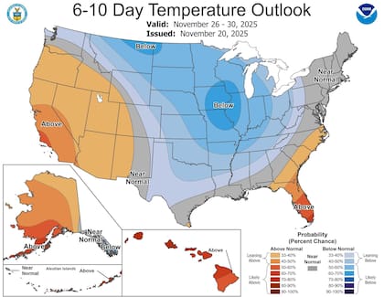 El centro de EE.UU. podría experimentar temperaturas más frías de lo normal durante la semana de Acción de Gracias, según el NWS (Facebook/U.S. National Weather Service)