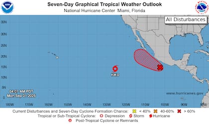 El centro de la tormenta tropical Kiko se localizó en la posición 14.1°N y 125.5°O, desplazándose hacia el oeste a 8 mph (13 km/h)