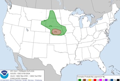 El centro de Nebraska tiene una probabilidad del 5% de aparición de tornados hoy