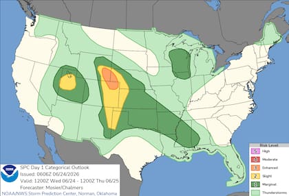 El Centro de Predicción de Tormentas advierte sobre la formación de superceldas intensas en un área que abarca desde Wyoming hasta la cuenca del río Mississippi