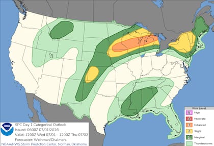 El Centro de Predicción de Tormentas advierte sobre un riesgo elevado de tiempo severo en el Medio Oeste y los Grandes Lagos
