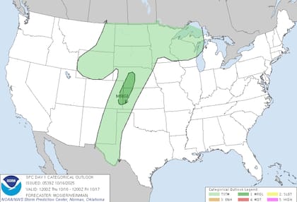 El Centro de Predicción de Tormentas advirtió sobre un riesgo "marginal" de tormentas severas para este jueves en Colorado, Nebraska y Kansas, con posibilidad de granizo de tamaño moderado y ráfagas fuertes
