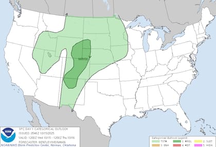 El Centro de Predicción de Tormentas alertó sobre un riesgo marginal de tormentas eléctricas severas en Nuevo México, Colorado, Nebraska y Dakota del Sur