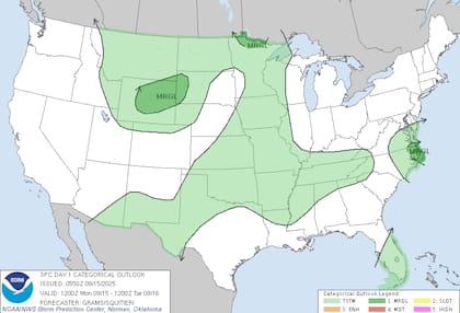 El Centro de Predicción de Tormentas anticipa un riesgo marginal de tormentas severas en Wyoming y oeste de Dakota del Sur