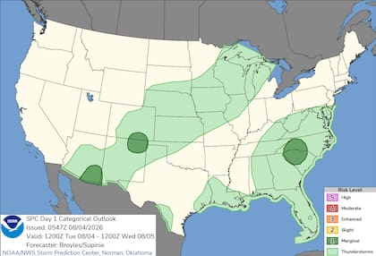 El Centro de Predicción de Tormentas emitió alertas por tormentas severas en las Montañas Rocosas del sur, el sureste de Arizona y el oeste de las Carolinas