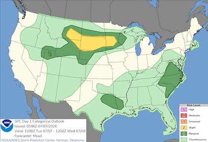 El Centro de Predicción de Tormentas emitió un riesgo leve (nivel 2 de 5) para las Grandes Llanuras del Norte y el Medio Oeste Superior
