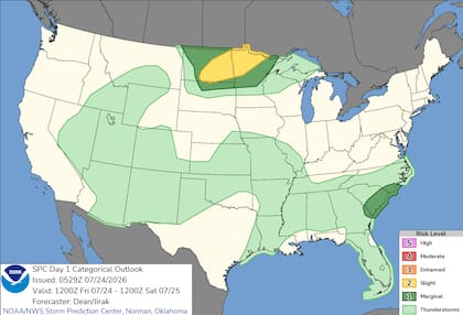 El Centro de Predicción de Tormentas emitió un riesgo leve por supercélulas en el este de Dakota del Norte y norte de Minnesota