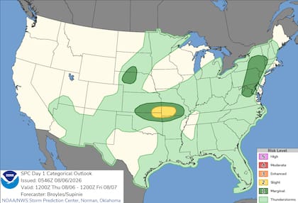 El Centro de Predicción de Tormentas fijó un riesgo leve (nivel 2 de 5) por tormentas severas en el valle medio del Mississippi y las Llanuras centrales y del sur