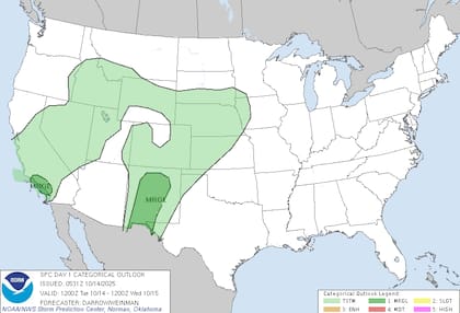 El Centro de Predicción de Tormentas informó que las Montañas Rocosas del sur registrarán tormentas durante la tarde y la noche, con posibilidad de generar ráfagas de viento dañinas y episodios de granizo aislado