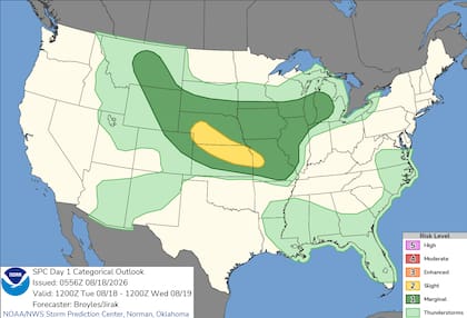 El Centro de Predicción de Tormentas mantiene un riesgo ligero ante la posibilidad de ráfagas destructivas que podrían superar las 75 millas por hora (121 km/h)