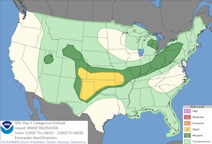 El Centro de Predicción de Tormentas mantiene una alerta por riesgo leve para las Llanuras Centrales y del Sur