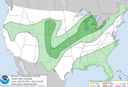 El Centro de Predicción de Tormentas (SPC) advierte sobre granizo y ráfagas destructivas desde las Montañas Rocosas hasta los Grandes Lagos, con posibles tormentas repetitivas el viernes en zonas ya saturadas de lluvia
