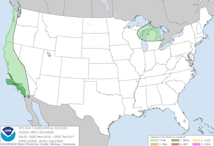 El Centro de Predicción de Tormentas (SPC) advierte sobre la formación de una línea de tormentas durante la tarde, con potencial para ráfagas de 57 mph (93 km/h), granizo blando y tornados breves aislados