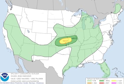 El Centro de Predicción de Tormentas (SPC) advierte sobre tormentas dispersas con potencial de granizo muy grande y ráfagas de viento severas en las planicies centrales y el valle bajo del Mississippi
