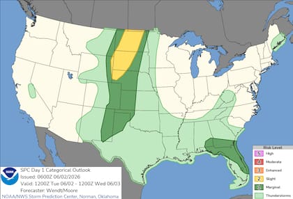 El Centro de Predicción de Tormentas (SPC) advierte que el este de Wyoming junto a las dos Dakotas concentrarán la mayor amenaza de tiempo severo