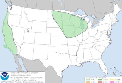 El Centro de Predicción de Tormentas (SPC) anticipa tormentas eléctricas aisladas con potencial de granizo pequeño en California y el Alto Medio Oeste
