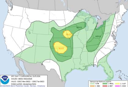 El Centro de Predicción de Tormentas (SPC) destacó la amenaza de tormentas severas desde Kansas hasta el Panhandle de Texas