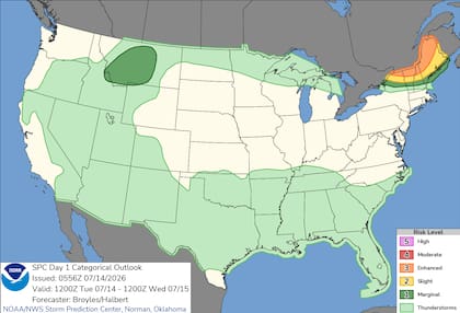 El Centro de Predicción de Tormentas (SPC) emitió un riesgo mejorado para el norte de Nueva York y Nueva Inglaterra