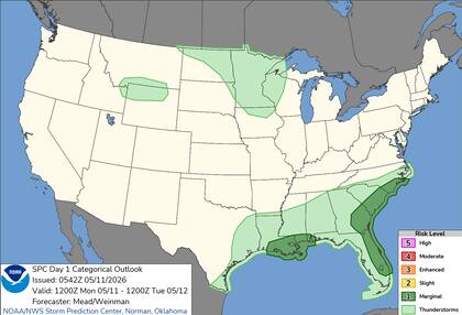 El Centro de Predicción de Tormentas (SPC) ha activado el nivel 1 de 5 para las Carolinas y Florida, donde se esperan ráfagas de viento capaces de causar daños localizados