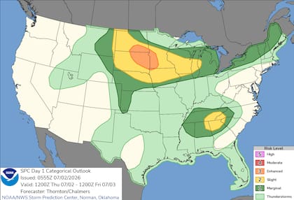 El Centro de Predicción de Tormentas (SPC) ha elevado el nivel de alerta para las Llanuras del Norte y el Medio Oeste Superior, donde se prevé el desarrollo de superceldas con potencial para granizo grande, ráfagas dañinas y actividad tornádica