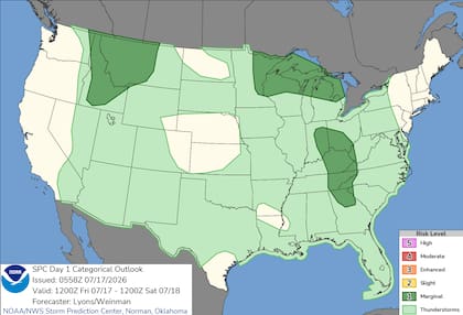 El Centro de Predicción de Tormentas (SPC) ha identificado un corredor de riesgo marginal que abarca desde las Montañas Rocosas hasta los Apalaches, con potencial de ráfagas dañinas y caída de granizo