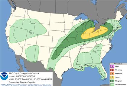 El Centro de Predicción de Tormentas (SPC) ha activado el nivel dos de cinco para una amplia franja que abarca desde el Medio Oeste hasta los Apalaches