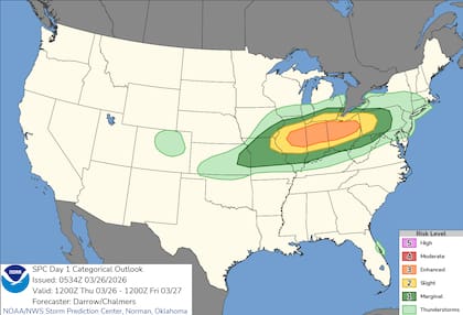 El Centro de Predicción de Tormentas (SPC) ha emitido una vigilancia especial para el valle medio del Mississippi y el valle de Ohio