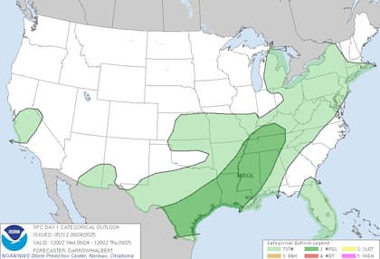El Centro de Predicción de Tormentas (SPC) precisó que existe un riesgo "marginal" de ráfagas de viento dañinas asociadas a tormentas eléctricas severas en el corredor que se extiende desde el valle de Tennessee hasta el sur de Texas