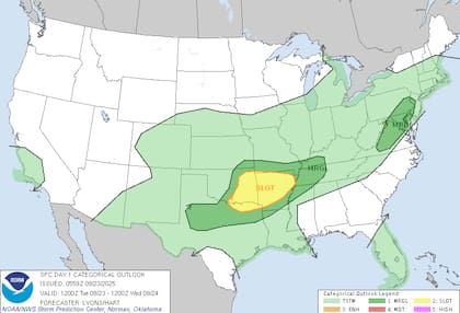 El Centro de Predicción de Tormentas (SPC) señaló que en Oklahoma, Arkansas y sureste de Missouri se formarán superceldas aisladas con capacidad de producir granizo de gran tamaño