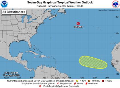 El Centro Nacional de Huracanes confirmó que el ciclón postropical Fernand perdió fuerza en el Atlántico central, pero monitorea una onda tropical que emergerá desde África el domingo