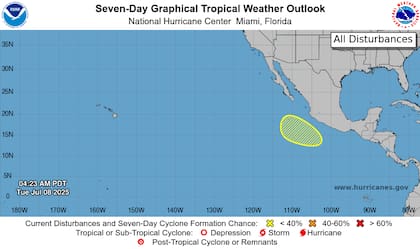El Centro Nacional de Huracanes monitorea un posible disturbio tropical frente al suroeste mexicano, con solo 10% de probabilidad de desarrollo ciclónico en siete días
